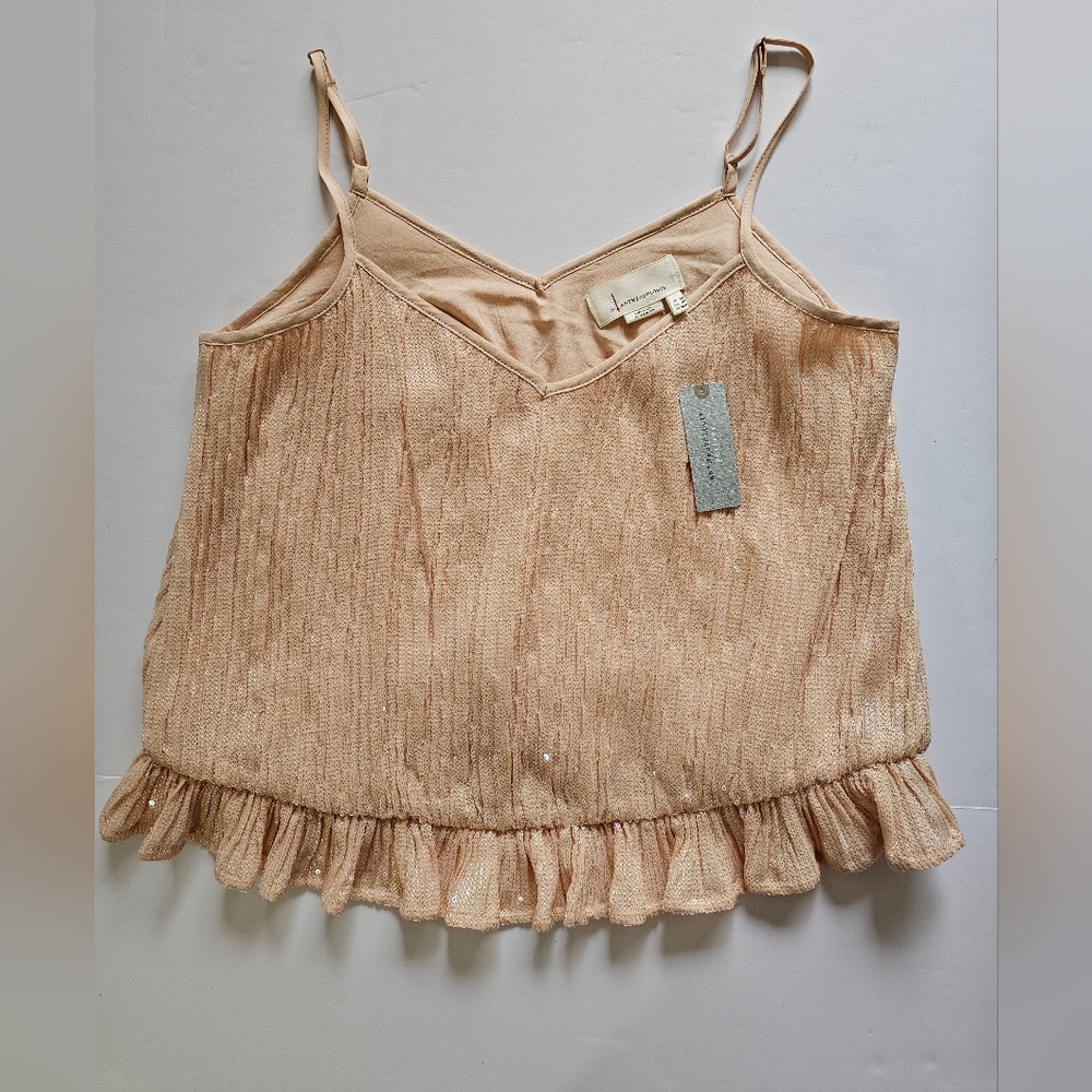NWT Anthropologie Amelie Beaded Sequin Beaded Ruffle Hem Tan Tank Top Size 2